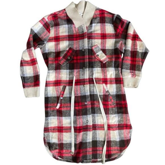 Davi & Dani Red Plaid Button Down Tie Waist Long Shacket Jacket Cardigan Medium - Picture 6 of 10
